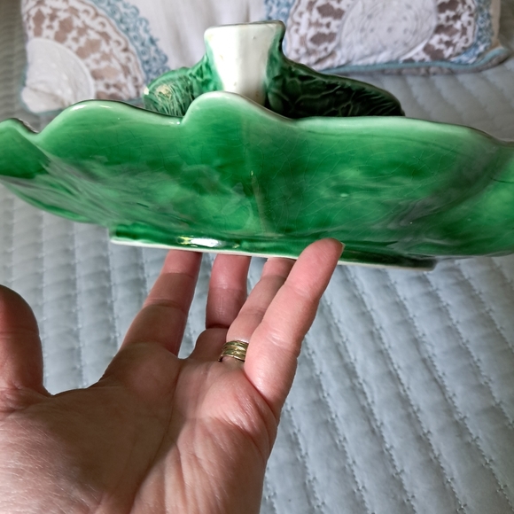 Vintage SECLA PORTUGAL Emerald Green Cabbage Serving Platter Attached Dip Bowl - Picture 8 of 15